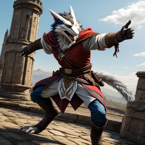 A male sergal character with long white and sky blue fur, full body image, wearing medieval aristocrat attire, menacing expression, combat pose