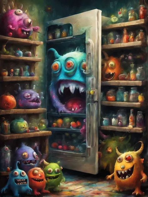 colorful refrigerator monster, Artistically rendered, styles:by Alexander Jansson, amazingly beautiful work, Landscape characters and elements fit perfectly within the image frame, Detailed realization, Definition High Quality, expressive faces, Sharp eyes...