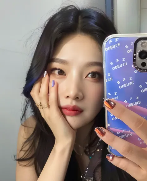 Arafed woman holding a cell phone with a purple and blue design.., Jinyoung Shin, Blackpink Jennie, ulzzang, maquillaje popular de Corea del Sur, Jaeyeon Nam, Wan adorable cara coreana, Bae Suzy, maquillaje coreano popular, Xision Wu, joy red velvet, 8k se...