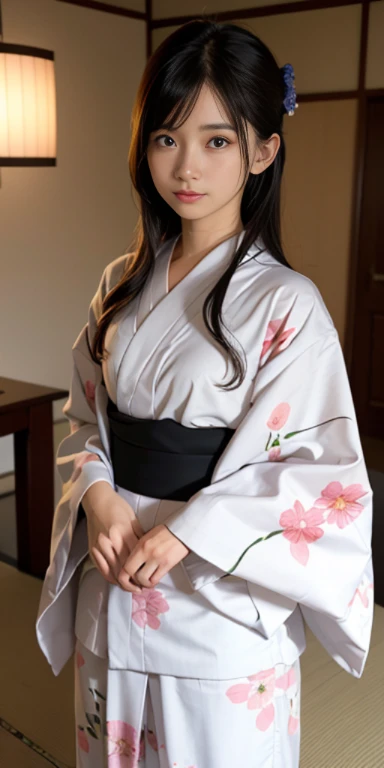 (masutepiece, Best Quality:1.4), Beautiful face, 8K, 85 mm, absurderes, ((FULL BODYSHOT:1.3))、((traditional Japanese room、With futon))、(floral pattern yukata:1.4), violaceaess, gardeniass, Delicate girl, Solo, layered haircut style、Night, Looking at Viewer...