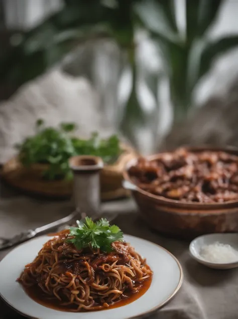 At the dinner table, A plate of noodles, Top with thin char siu slices, Minced meat, Greens and shallots.