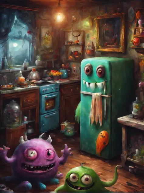 colorful refrigerator monster, Artistically rendered, styles:by Alexander Jansson, amazingly beautiful work, Landscape characters and elements fit perfectly within the image frame, Detailed realization, Definition High Quality, expressive faces, Sharp eyes...