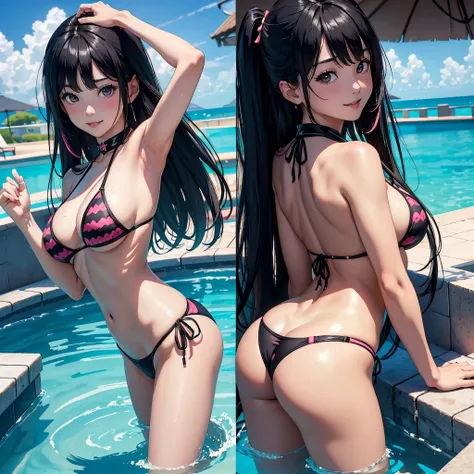 (8K, Raw photography, top-quality, ​masterpiece:1.2), 1girl in, 3 d,A dark-haired、The long-haired、posterior view、Bikini with pink and black pattern、Asian,  Resort Pool、A smile、Turned、dynamic motion