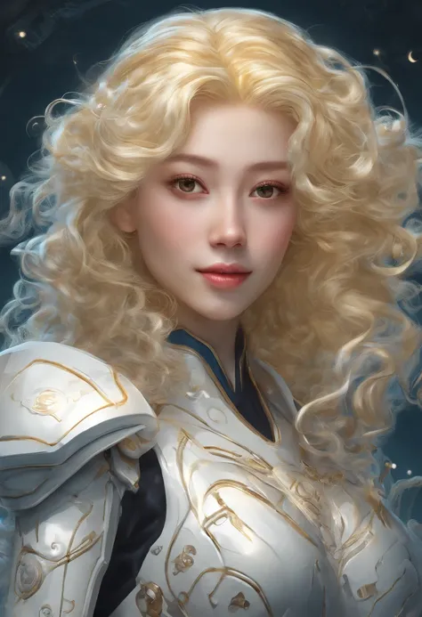 close-up head, facing at the camera, Realistic digital painting portrait of female human being, 3r1nm0r1art72, adorable smile, (curlies:1.1), (Blonde hair:1.3), Magical yellow universe, White magic armor，Intricate details with yellow engraving, (Abstract, ...