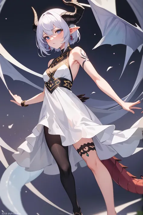 masterpiece, best quality, absurdres, perfect anatomy, standing, 1girl, solo, arm tattoo, bare shoulders, sleeveless, dress, dragon girl, dragon horns, jewelry, tail