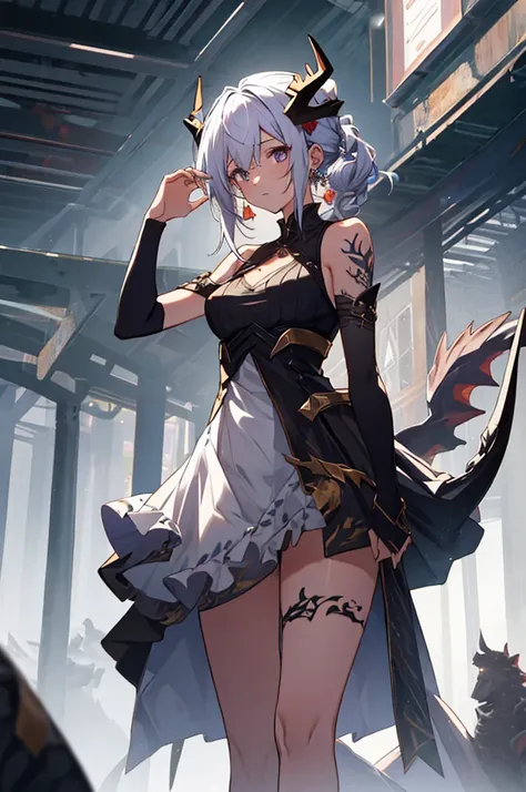 masterpiece, best quality, absurdres, perfect anatomy, standing, 1girl, solo, arm tattoo, bare shoulders, sleeveless, dress, dragon girl, dragon horns, jewelry, tail