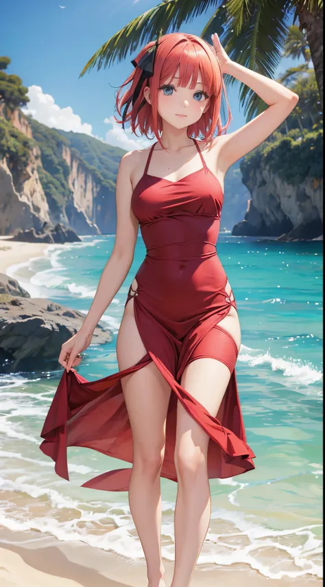 Nino Nakano ,manos detalladas,dedos detallados,pose sexy,vestido playero,costa del mar