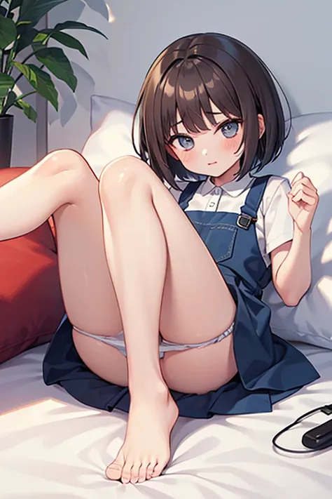 nsfw, 1girl, 13 years old, bob cut, flipped hair, brown hair, blue pinafore dress, barefoot, knees up,white cotton sporty panty,