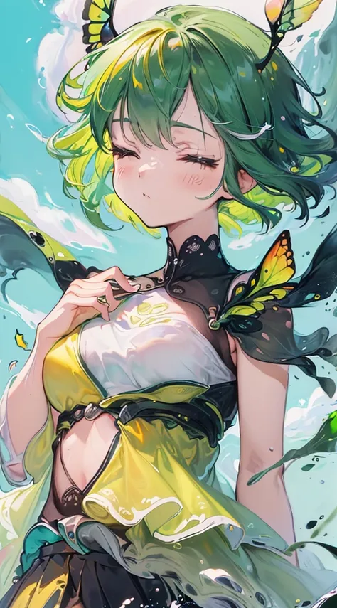 ((top-quality, 8K)), (Realistic), (Face Focus: 1.1), (Yellow and green: 1.3), Kawaii Girl, short-hair, 
Hair fluttering in the wind, Facing to the side, Look up at your face, Eyes closed, (Sleeveless: 1.1)、Skirt, D Cup Breasts, Countless butterflies,