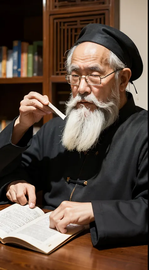 An old Chinese man with a long white beard sits at the table with a book, Taoist, Taoist, There is a person&#39;s back next to him