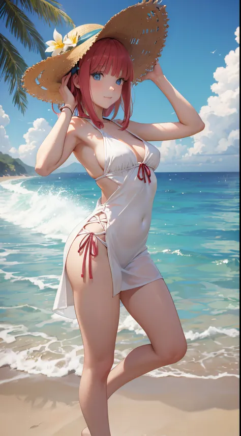 Nino Nakano ,manos detalladas,dedos detallados,pose sexy,vestido playero con sombrero,costa del mar