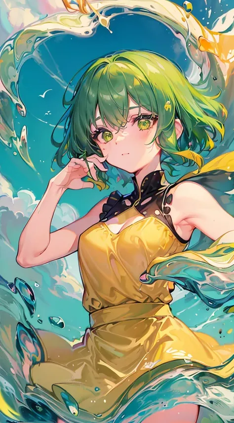 ((top-quality, 8K)), (Face Focus: 1.1), (Yellow and green: 1.3), Kawaii Girl, short-hair, Hair fluttering in the wind, Facing to the side, Look up at your face, (Sleeveless: 1.1)、Skirt, D Cup Breasts, Countless soap bubbles,