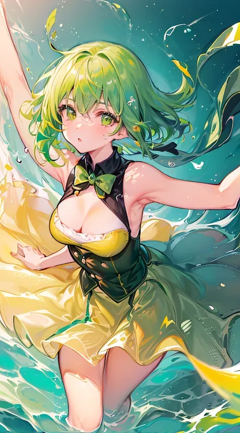 ((top-quality, 8k)), (face focus: 1.1), (yellow and green: 1.3), kawaii girl, short-hair, hair fluttering in the wind, facing to...