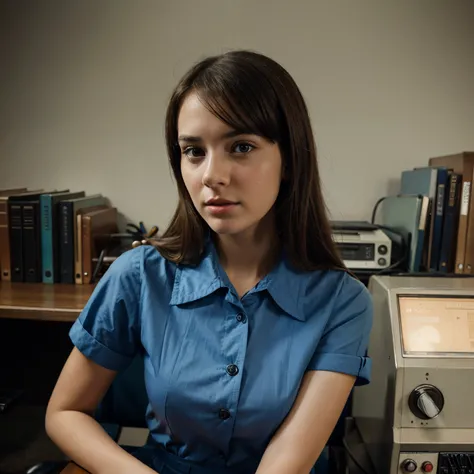 Vintage style photo, young woman wearing office uniform using vintage computer, looks serious and confused, very high resolution