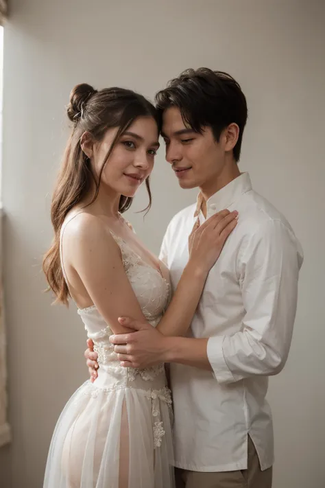 (A couple, beautiful girl and boy), big watery eyes, looking at each other, smiling and wearing white clothes, delicate hair, an ancient Chinese beauty and Handsome guy, wearing ancient Chinese clothing, flowing tulle, light silk,(clean background), ink pa...