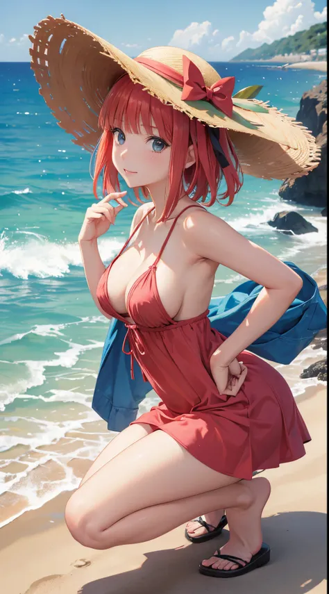 Nino Nakano ,manos detalladas,dedos detallados,pose sexy,vestido playero con sombrero,costa del mar