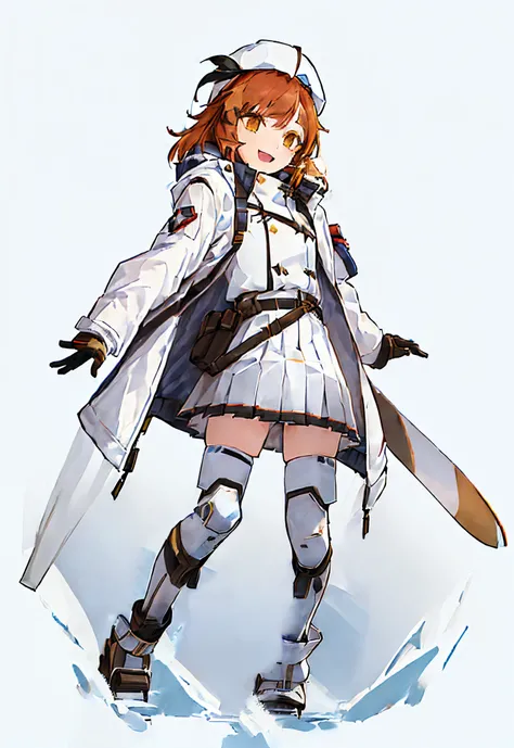 (a girl in a white ski jacket and short pleated skirt: 1.5), holding a rifle, (ski boots and beret: 1.3), (soldier girl: 1.4), (cinnamon colored hair: 1.2), infantry girl, 2 d cg, fine details. official character art, girls frontline style, official artwor...