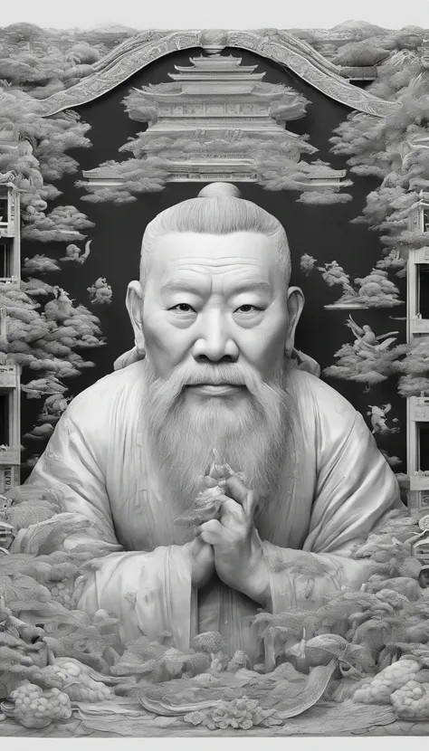 chinese style；ink portrait，front view of god，Audience visual inspection，Immortal Wind Road Bone，White haired man，Eyes wide，Be kind，energetic。solid color backdrop。hyper HD, retinas, tmasterpiece, Acura, Anatomically correct, Award-Awarded, high high quality...