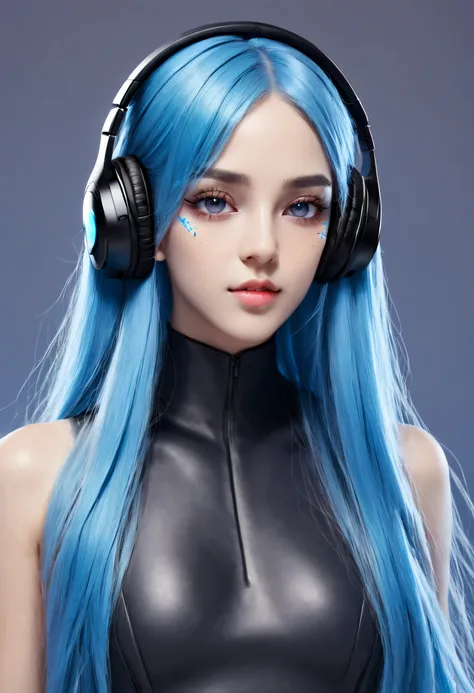 girl with long blue hair, blue eyes, futuristic vibes, mask on mouth, headphones, 8k, high quality, simple background, glowing eyes, nice pose