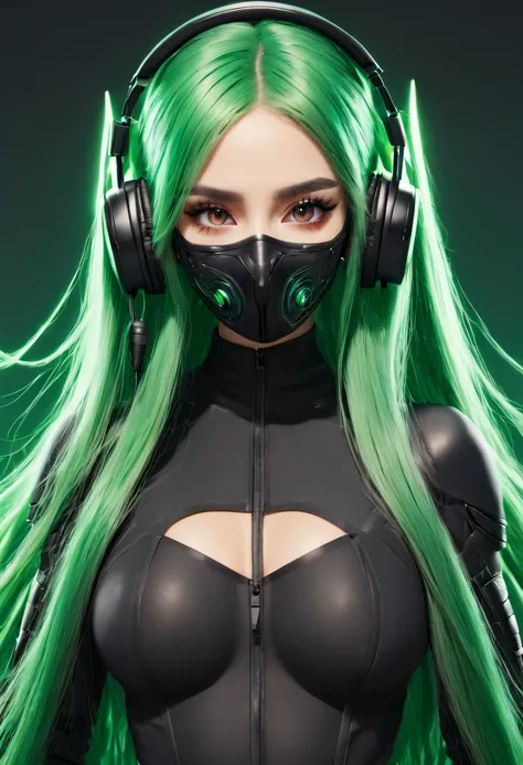 girl with long green hair, green eyes, futuristic vibes, mask on mouth, headphones, 8k, high quality, simple background, glowing...