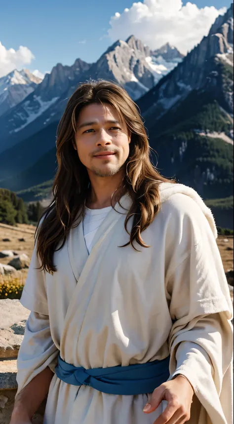 high-definition picture,jesus,portrait,filming a movie, brad pitt as jesus christ,,soft light, man with long brown hair and bear...