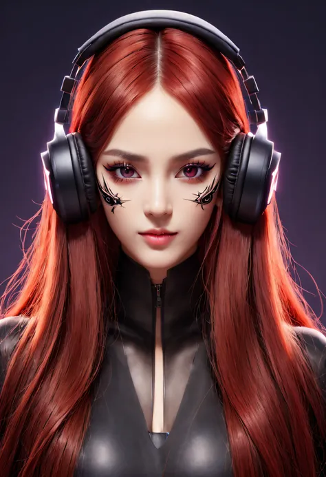 girl with long red hair, red eyes, futuristic vibes, mask on mouth, headphones, 8k, high quality, simple background, glowing eyes, nice pose