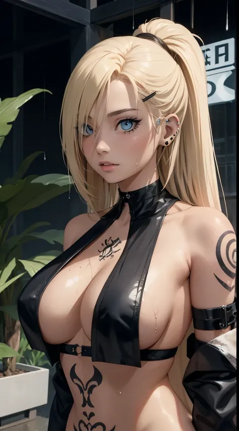 Loli,  fullnude、Ino Yamanaka, blue iris, long blonde hair, dark eyeliner, black ear gauges, black earrings, black choker, a plant、Thumbs, raining, wet, tattoos, sexy tattoos, alternative tattoos