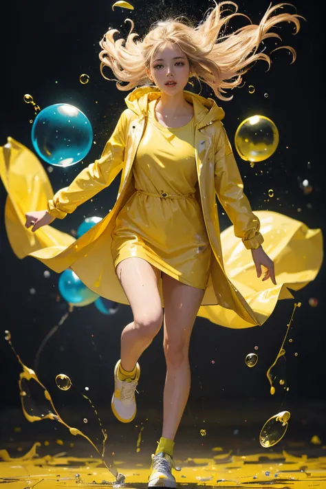 Full body cinematic photo of a woman running towards the viewer, Wearing yellow raincoat standing among bubbles abstract color painting, paint splatter, Wet hair, paint rain, Soft and smooth shape，Various vibrant and pastel shades，Contrast with abstract an...