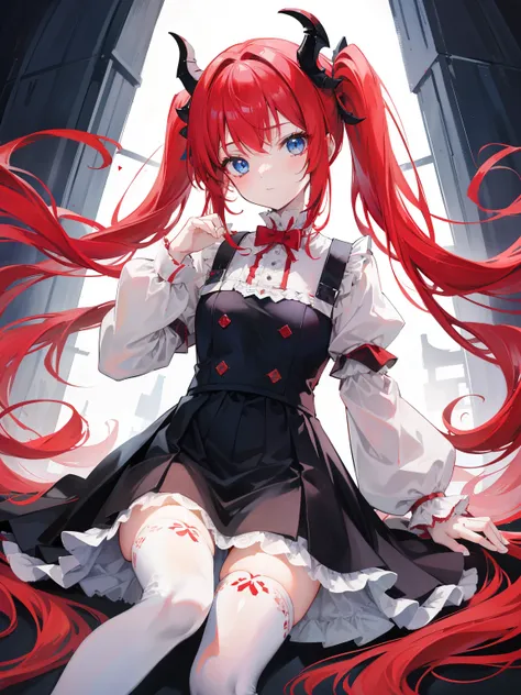 red hair,blue eyes,twintails, long hair, long sleeves, gothic, solo, loli,Short skirt, white stockings,{{best quality}}, {{masterpiece}}, {{ultra-detailed}}, {illustration}, {detailed light}, {an extremely delicate and beautiful},little girl,cute,dragon ho...