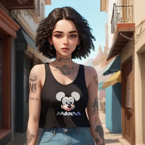 Uma mulher branca alta, cabelo grande e bem preto, repartido no meio, olhos castanhos, small tattoos on arms and shoulder, make it look like a Disney animation, The woman&#39;s name is Ana Vitória