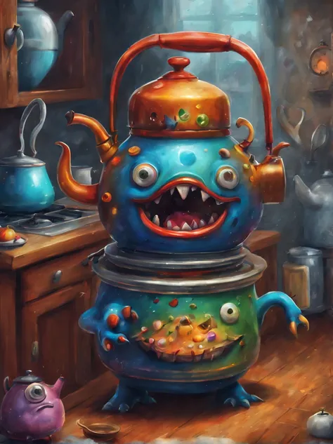 colorful electric kettle monster, Artistically rendered, styles:by Alexander Jansson, amazingly beautiful work, Landscape characters and elements fit perfectly within the image frame, Detailed realization, Definition High Quality, expressive faces, Sharp e...