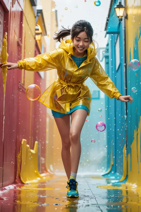 Full body cinematic photo of a woman running towards the viewer, Wearing yellow raincoat standing among bubbles abstract color painting, paint splatter, Wet hair, paint rain, Soft and smooth shape，Various vibrant and pastel shades，Contrast with abstract an...