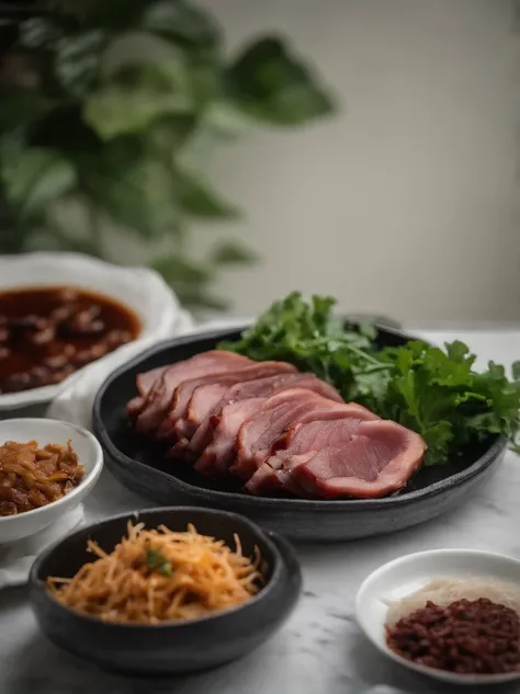 At the dinner table, A plate of Korean food, Topped with thin char siu slices, Minced meat, Greens, and shallots.