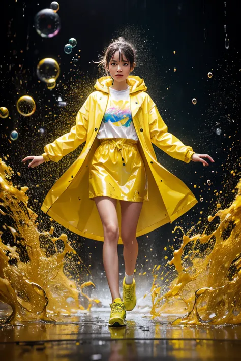 Full body cinematic photo of a woman running towards the viewer, Wearing yellow raincoat standing among bubbles abstract color painting, paint splatter, Wet hair, paint rain, Soft and smooth shape，Various vibrant and pastel shades，Contrast with abstract an...