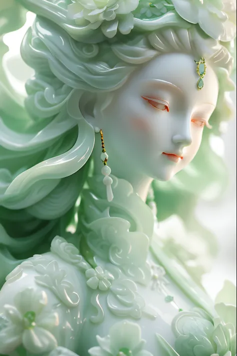 There is a statue of a woman with flowers on her head, goddes. extremly high detail, goddess close-up portrait, jade sculpture, 3d goddess portrait, pale milky white porcelain skin, Very detailed shot of the goddess, guanyin of the southern seas, light gre...