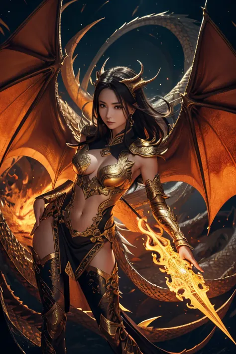 women and dragons: 1 female, 1 Dragon,  female bodies, high-detail face, Freestyle, Free angle, The background coordinates with the model, drak, Golden dragon with transparent wings, abstract pattern on background, precipice, Abyss, velocity, tenderness, 3...