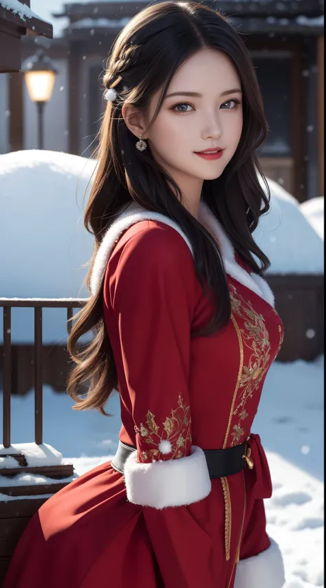 (Aesthetic, High Resolution: 1.2), beautiful 20 year old woman wearing an intricately detailed red boby Santa Claus costume, symmetrical costume structure, bright eyes, cheerful smile , hairstyle changes, snow is falling, snow in hair. Professional photogr...