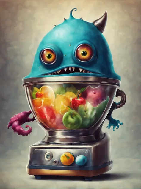 colorful juicer monster, Artistically rendered, styles:by Alexander Jansson, amazingly beautiful work, Landscape characters and elements fit perfectly within the image frame, Detailed realization, Definition High Quality, expressive faces, Sharp eyes,(Back...