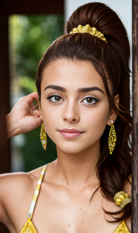 Photo of a 14 year-old american girl, .RAW, beautiful teenage girl, (Long brown hair with ponytail), light brown hair ponytail hairstyle((retrato)), ((Cara detallada:1.2)), ((Detailed facial features)), (Piel finamente detallada)  , (Masutepiece) (proporci...