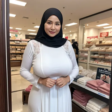 58-Years-Old,Female Store owner, Hijab Beautiful Indonesian Mature Woman, Wearing Tight Gamis, white Skin Like Porcelain, Realistic Ultra Gigantic Breast : 21.9,realistic wrinkels body, realistic Curvy body, PP cup Breast, Seducting Look, Lustful smiling, ...