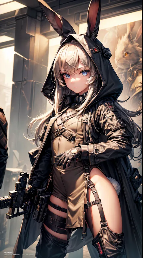 masterpiece, high quality, character concept art, (detailed face, detailed eyes, detailed body:1.5), ARKNIGHTS, sci-fi knights, anthro, rabbit features, rabbit ears and tails, (wearing sexy elegant future outfit trench coat with hood with straps and access...