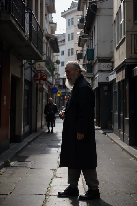 Taoist Elder，Standing, silhouette，Long hair fluttering，go through all the vicissitudes of life，high quality，grey-haired，Long beard，Immortal bone