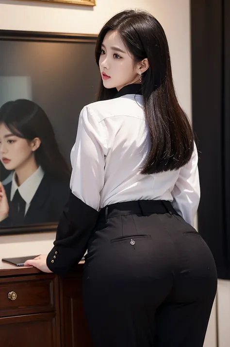 Super Beautiful Office Lady、Plump ass、Y shirt、Black suit pants、Portrait、posterior view、(((top-quality, ​masterpiece))), (((ighly detailed)))