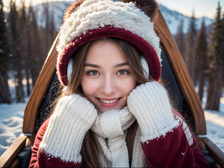 a 30yo woman is riding in a two-person one-horse open antique sleigh, outside in the open Colorado USA mountain snow, classic old-fashioned sleigh ride, red velvet button seats, blankets over her lap, winter earmuffs, mittens waving hello, her cheeks are r...