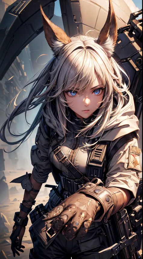 masterpiece, high quality, character concept art, (detailed face, detailed eyes, detailed body:1.5), ARKNIGHTS, sci-fi knights, anthro, black skin color, hare features, hare ears and tails, (wearing sexy elegant future outfit trench coat with hood with str...