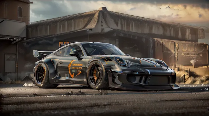 s)
(((porsche 911 gt3 rsr track car)) reimagined in an ominous ((black and orange)) paintwork and trim, rear wing, ultra wide bo...