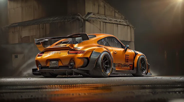 s)
(((porsche 911 gt3 rsr track car)) reimagined in an ominous ((black and orange)) paintwork and trim, rear wing, ultra wide bo...