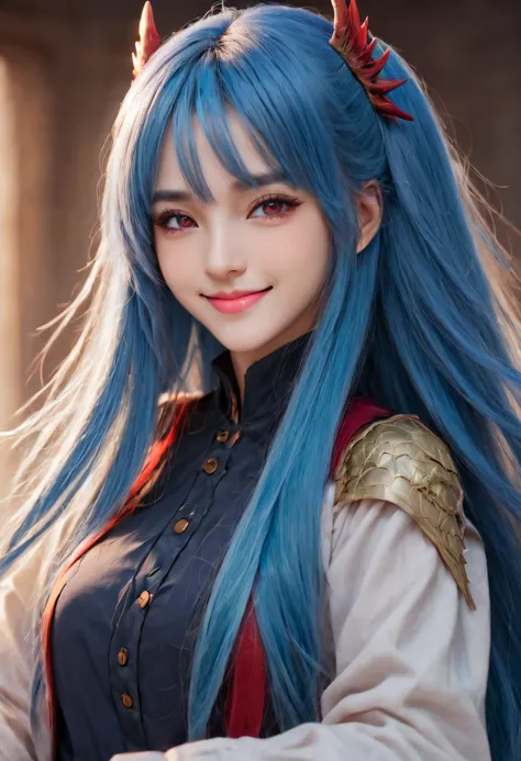 vibrant colors, dragon girl, masterpiece, sharp focus, best quality, depth of field, cinematic lighting,smile, blue hair, red eyes, long hair, very long hair,