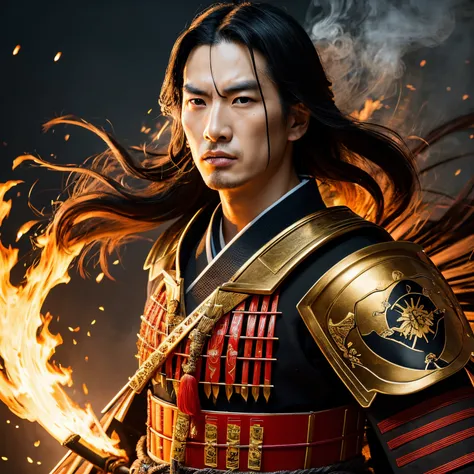 "Create a realistic and detailed image of Oda Nobunaga, the famous daimyo from feudal Japan. Capture his fierce and determined expression, and depict him wearing traditional samurai armor adorned with his family crest. The background should reflect the atm...