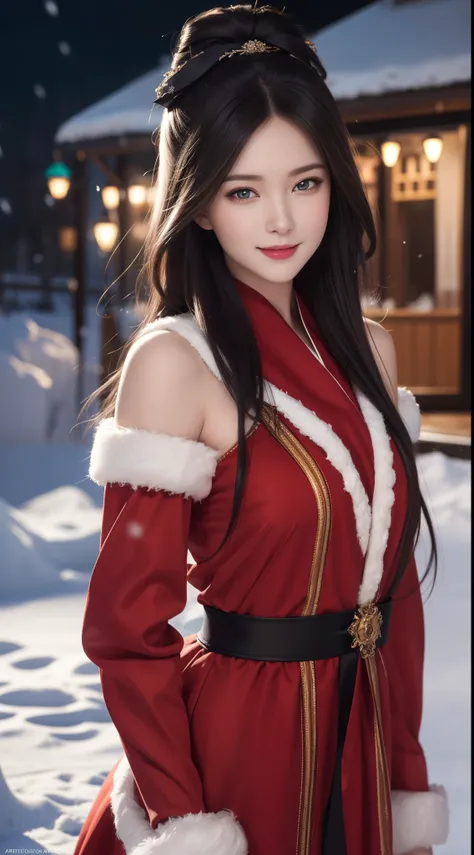 (Aesthetic, High Resolution: 1.2), full-body portrait of a beautiful 20-year-old woman wearing an intricately detailed red boby Santa Claus costume, symmetrical costume structure, clear eyes bright, happy smile, changed hairstyle, snow is falling, snow in ...